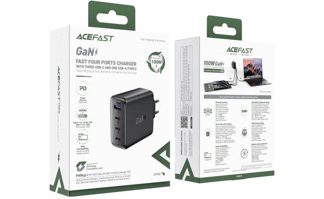 ACEFAST A94 PD 100W GaN Phone Charger 3 Type-C + USB-A Four Ports Power Adapter, EU Plug - Black